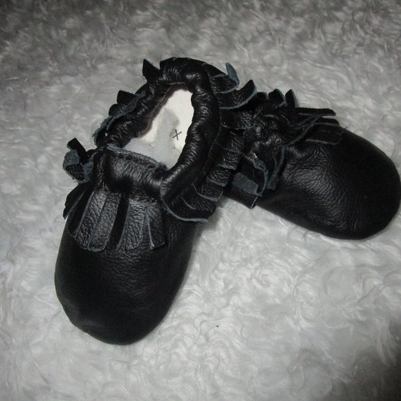 Sz 18-24M Baby Charcoal Black Leather Moccasins Fringe Crib Soft Sole Shoes - Picture 6 of 7